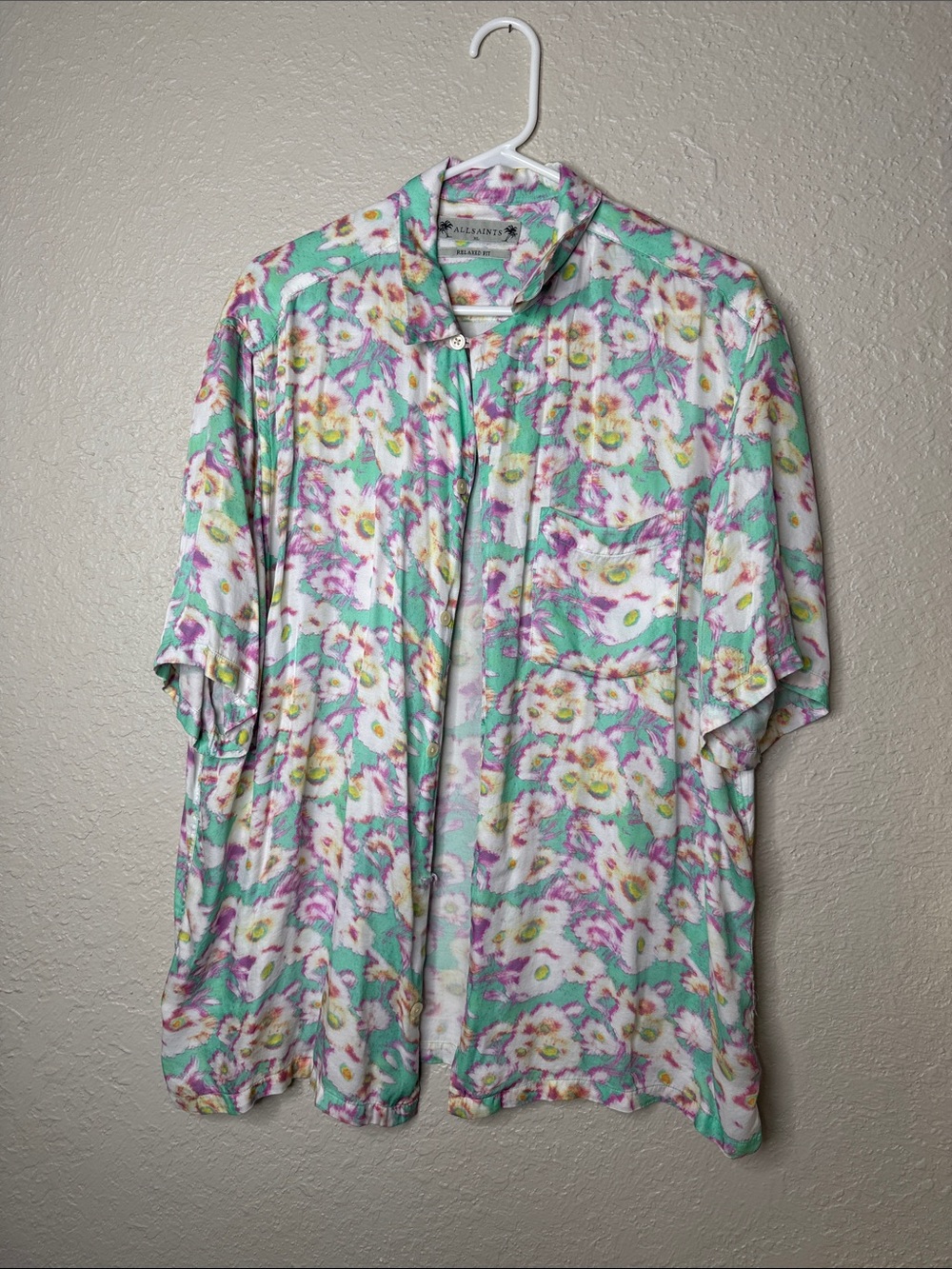 All Saints Men’s Mint and Purple Floral Short-Sleeve Button Shirt